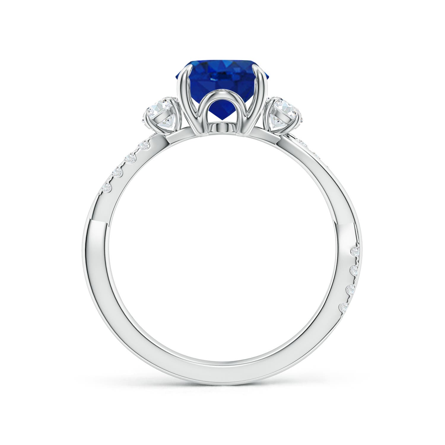 9x7mm AAA Three Stone Oval Blue Sapphire & Round Diamond Engagement Ring in White Gold - side 2
