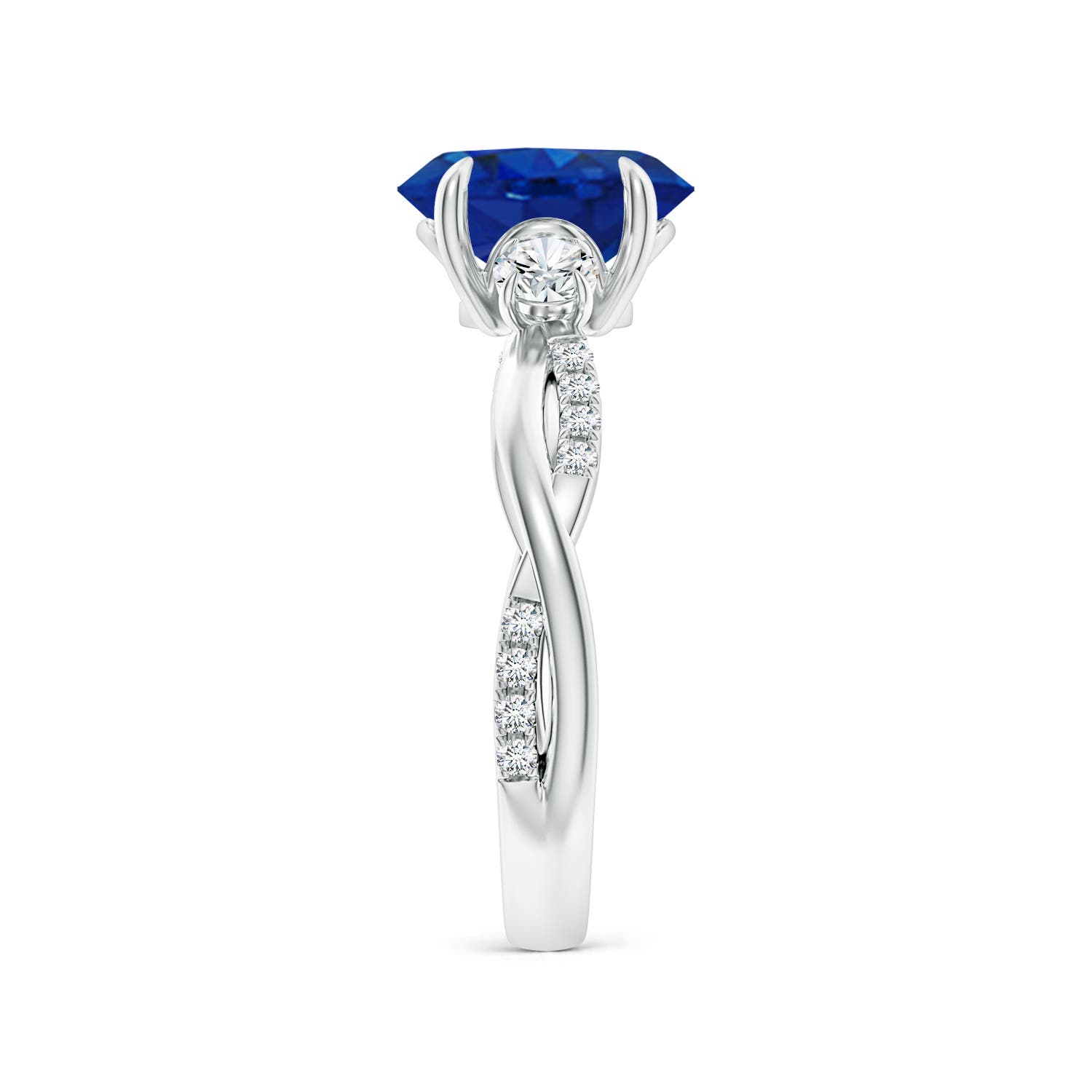 9x7mm AAA Three Stone Oval Blue Sapphire & Round Diamond Engagement Ring in White Gold - side 3