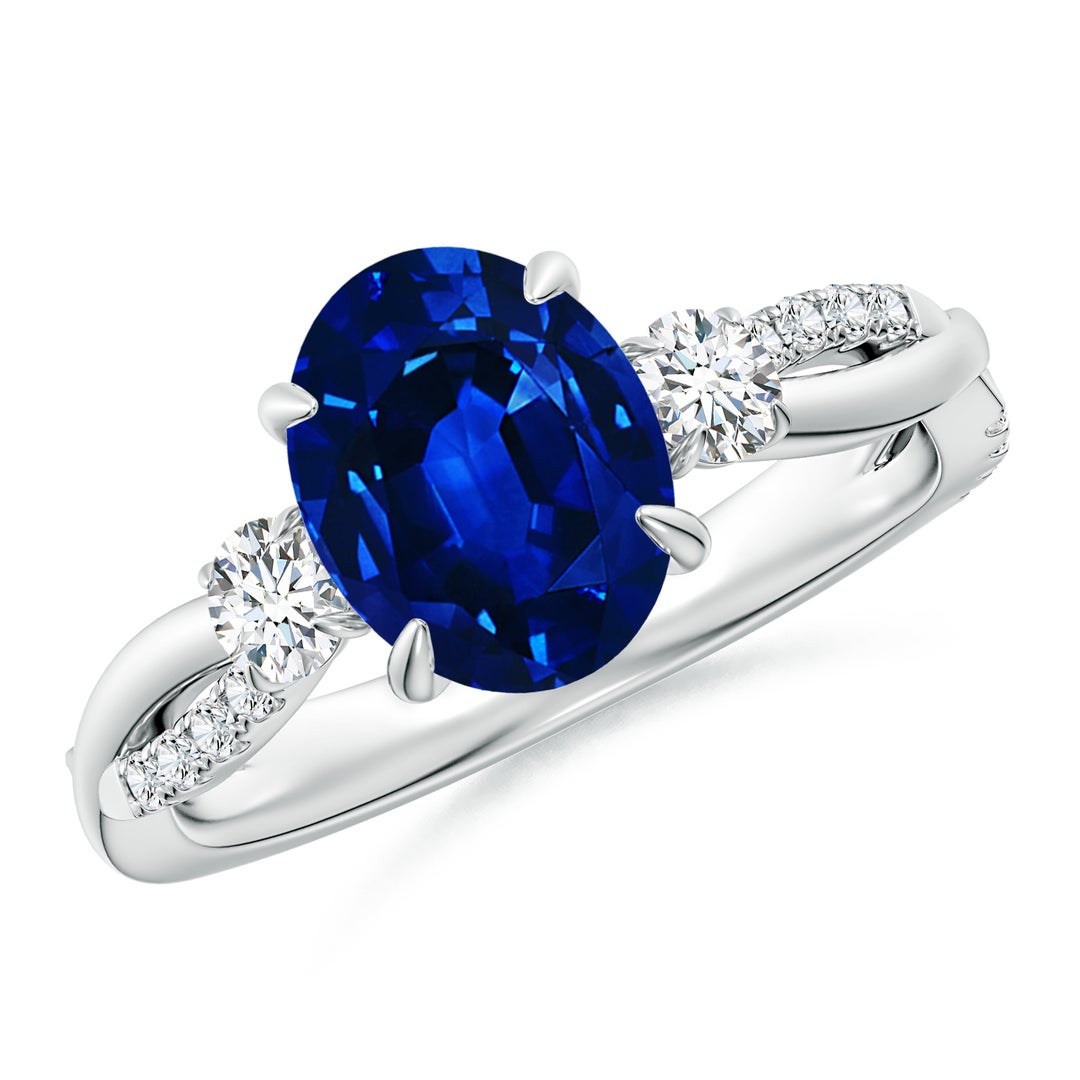 9x7mm AAAA Three Stone Oval Blue Sapphire & Round Diamond Engagement Ring in White Gold