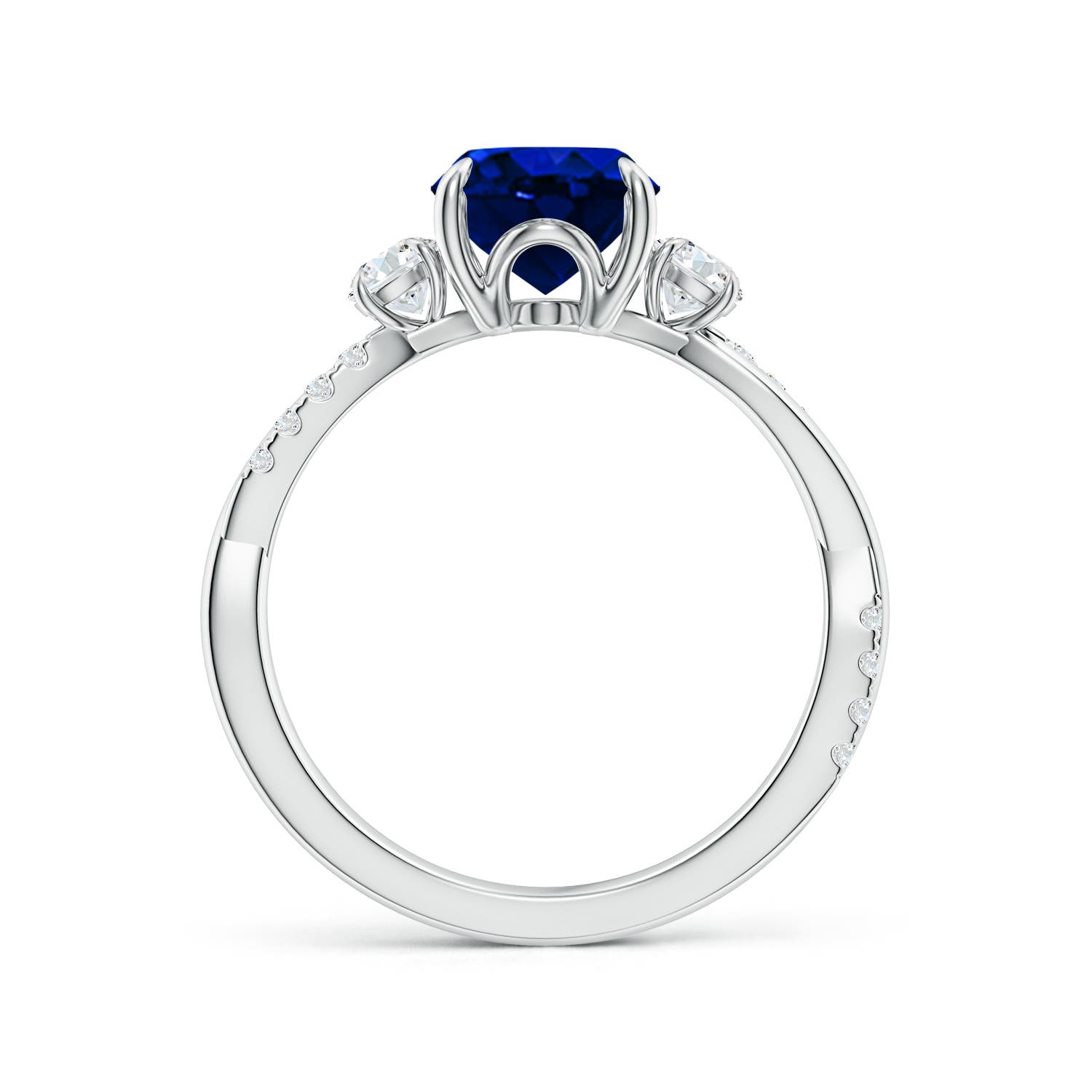 9x7mm AAAA Three Stone Oval Blue Sapphire & Round Diamond Engagement Ring in White Gold - side 2