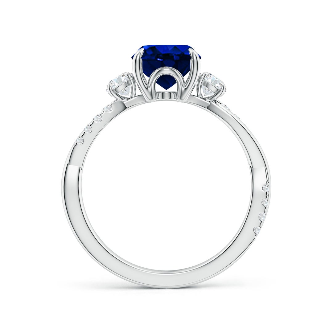 9x7mm AAAA Three Stone Oval Blue Sapphire & Round Diamond Engagement Ring in White Gold - side 2