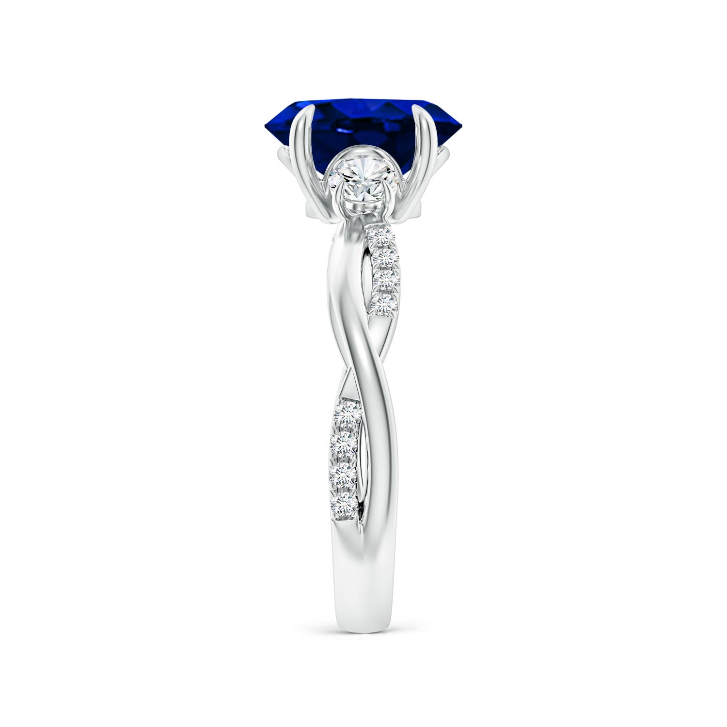 9x7mm AAAA Three Stone Oval Blue Sapphire & Round Diamond Engagement Ring in White Gold - side 3