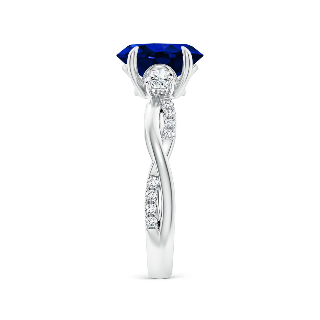 9x7mm AAAA Three Stone Oval Blue Sapphire & Round Diamond Engagement Ring in White Gold - side 3