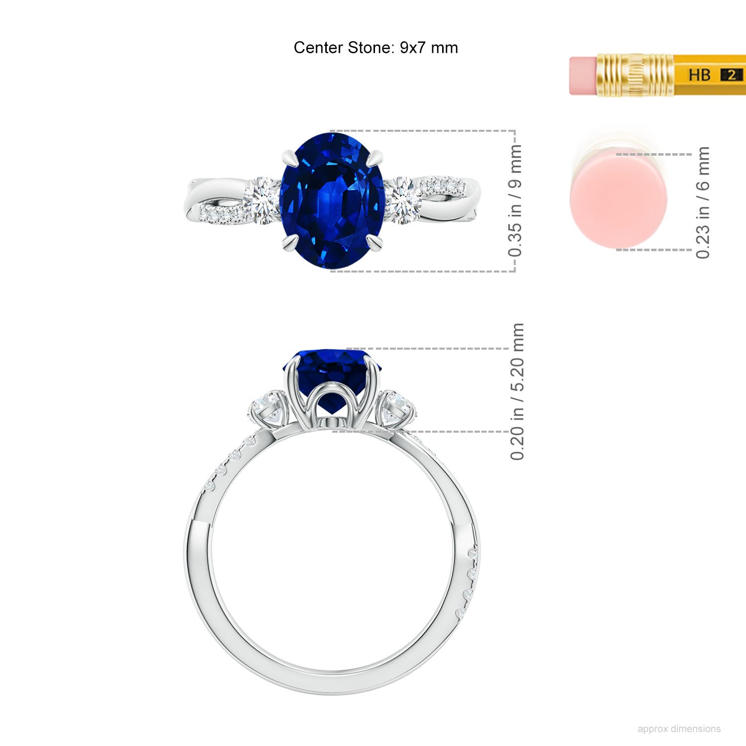 9x7mm AAAA Three Stone Oval Blue Sapphire & Round Diamond Engagement Ring in White Gold - ruler