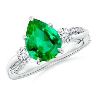 10x8mm AAA Three Stone Pear Emerald & Diamond Engagement Ring in P950 Platinum