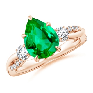 10x8mm AAA Three Stone Pear Emerald & Diamond Engagement Ring in Rose Gold