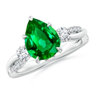 10x8mm AAAA Three Stone Pear Emerald & Diamond Engagement Ring in P950 Platinum