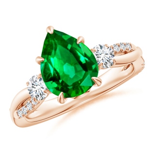 10x8mm AAAA Three Stone Pear Emerald & Diamond Engagement Ring in Rose Gold