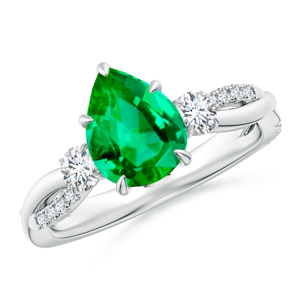 9x7mm AAA Three Stone Pear Emerald & Diamond Engagement Ring in White Gold