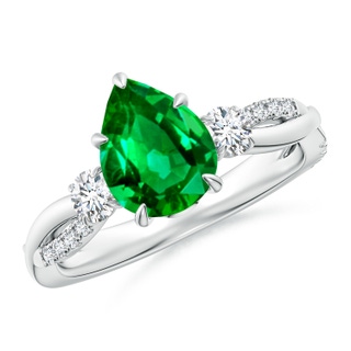 9x7mm AAAA Three Stone Pear Emerald & Diamond Engagement Ring in P950 Platinum