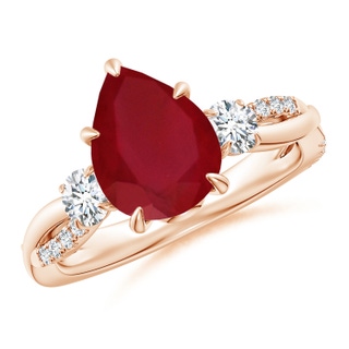 10x8mm AA Three Stone Pear Ruby & Diamond Engagement Ring in Rose Gold