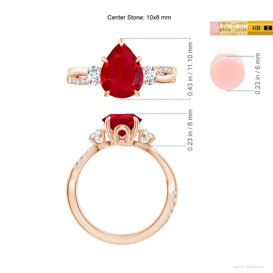 10x8mm AAA Three Stone Pear Ruby & Diamond Engagement Ring in 18K Rose Gold ruler