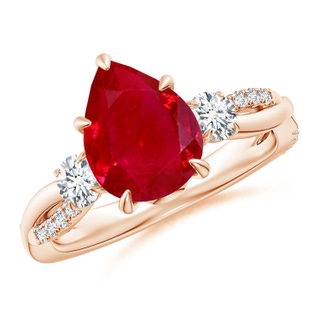 10x8mm AAA Three Stone Pear Ruby & Diamond Engagement Ring in Rose Gold
