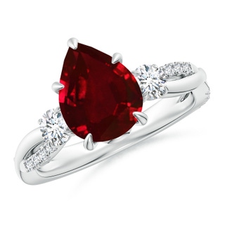 10x8mm AAAA Three Stone Pear Ruby & Diamond Engagement Ring in P950 Platinum