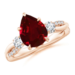10x8mm AAAA Three Stone Pear Ruby & Diamond Engagement Ring in Rose Gold