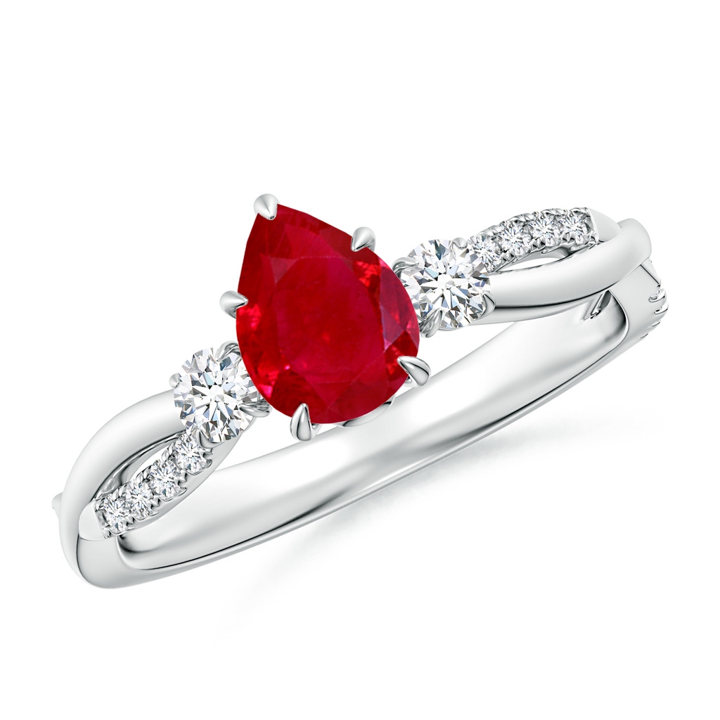 7x5mm AAA Three Stone Pear Ruby & Diamond Engagement Ring in 18K White Gold
