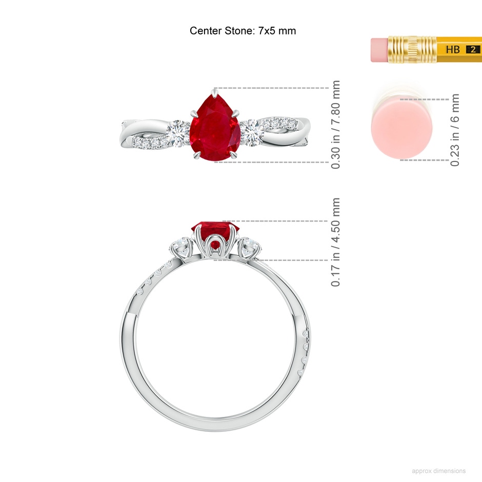 7x5mm AAA Three Stone Pear Ruby & Diamond Engagement Ring in 18K White Gold ruler