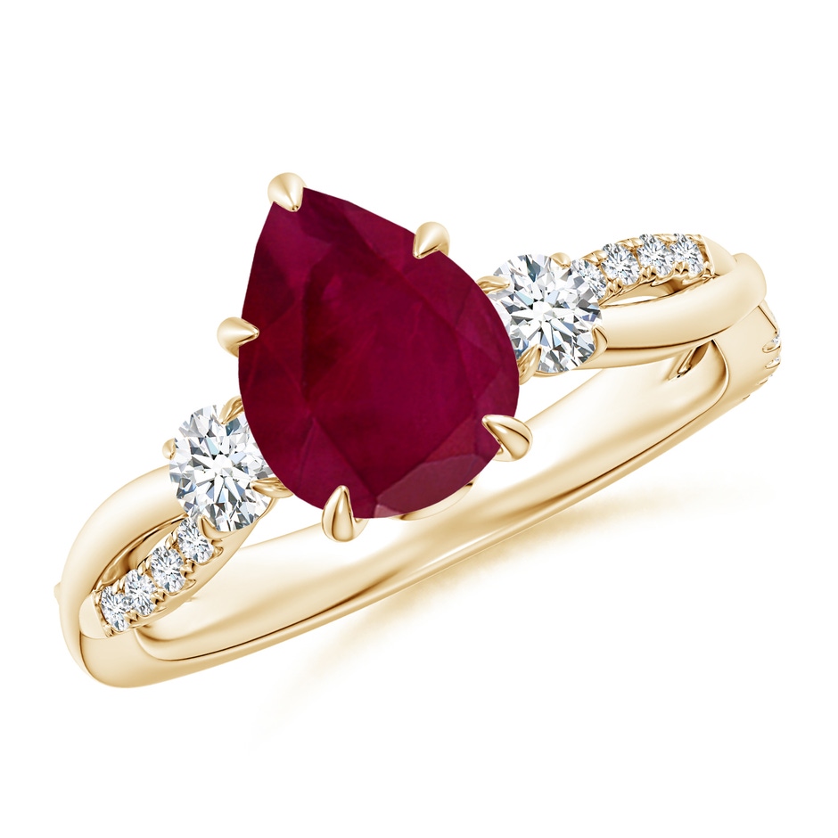 9x7mm A Three Stone Pear Ruby & Diamond Engagement Ring in Yellow Gold 