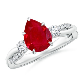 9x7mm AAA Three Stone Pear Ruby & Diamond Engagement Ring in P950 Platinum