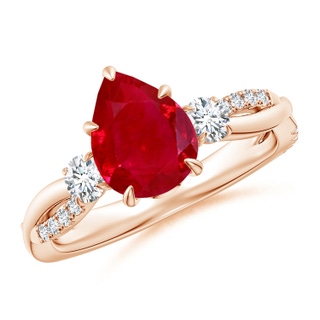 9x7mm AAA Three Stone Pear Ruby & Diamond Engagement Ring in Rose Gold