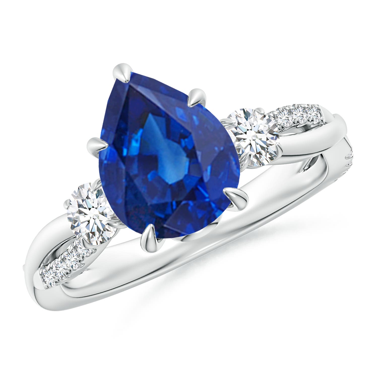 10x8mm AAA Three Stone Pear Blue Sapphire & Diamond Engagement Ring in 18K White Gold