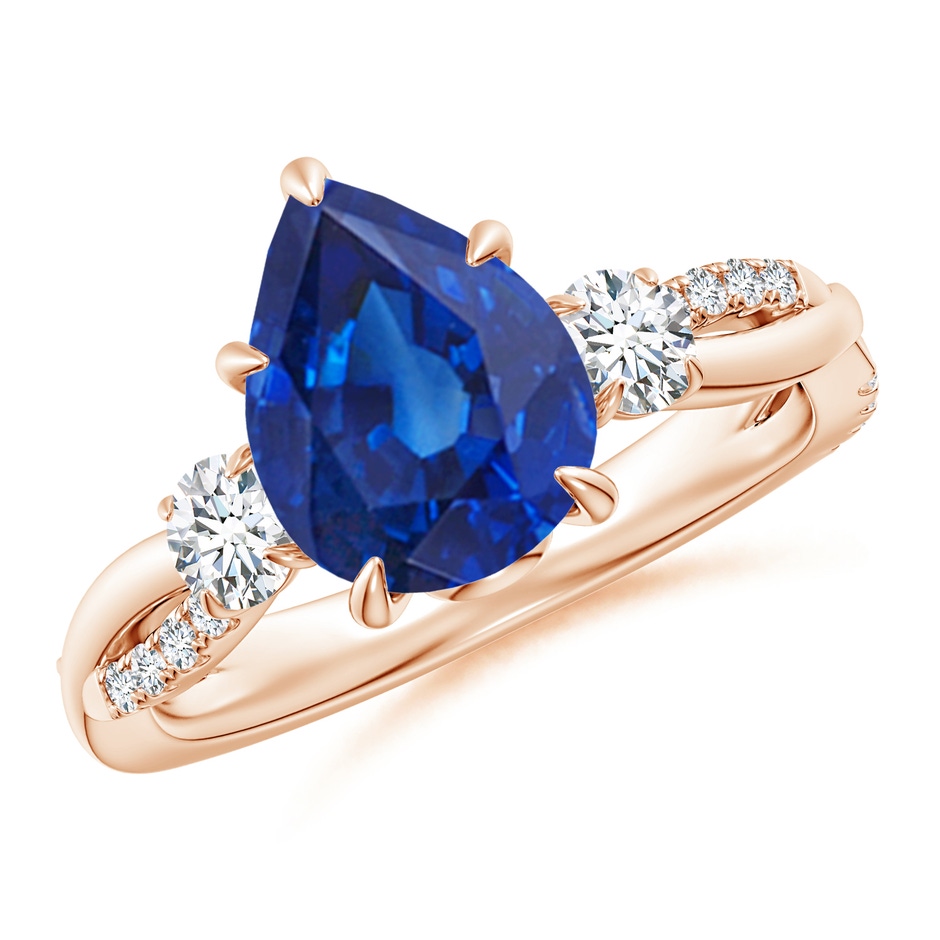 10x8mm AAA Three Stone Pear Blue Sapphire & Diamond Engagement Ring in Rose Gold 