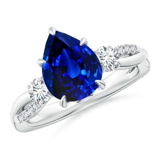 10x8mm AAAA Three Stone Pear Blue Sapphire & Diamond Engagement Ring in P950 Platinum