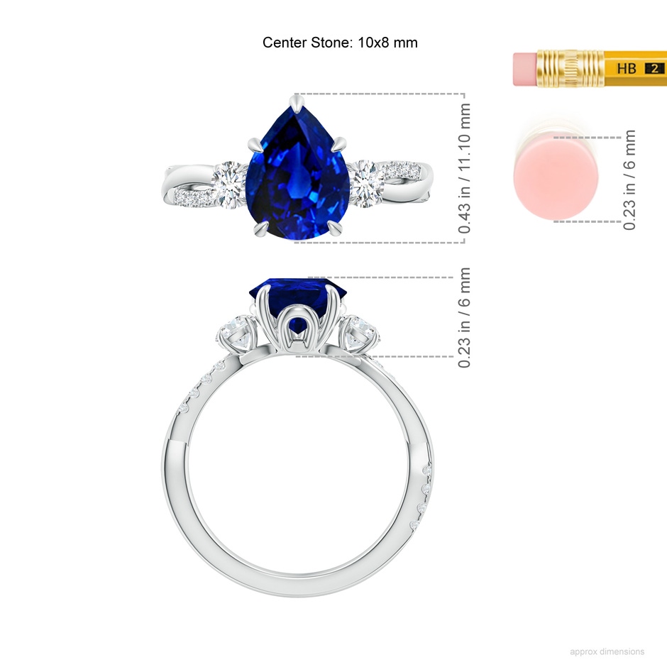 10x8mm Lab-Grown Three Stone Pear Blue Sapphire & Diamond Engagement Ring in P950 Platinum ruler