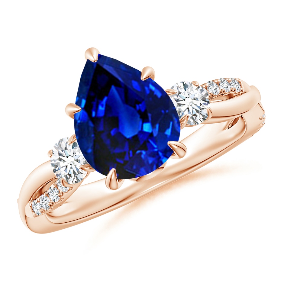 10x8mm Lab-Grown Three Stone Pear Blue Sapphire & Diamond Engagement Ring in Rose Gold 