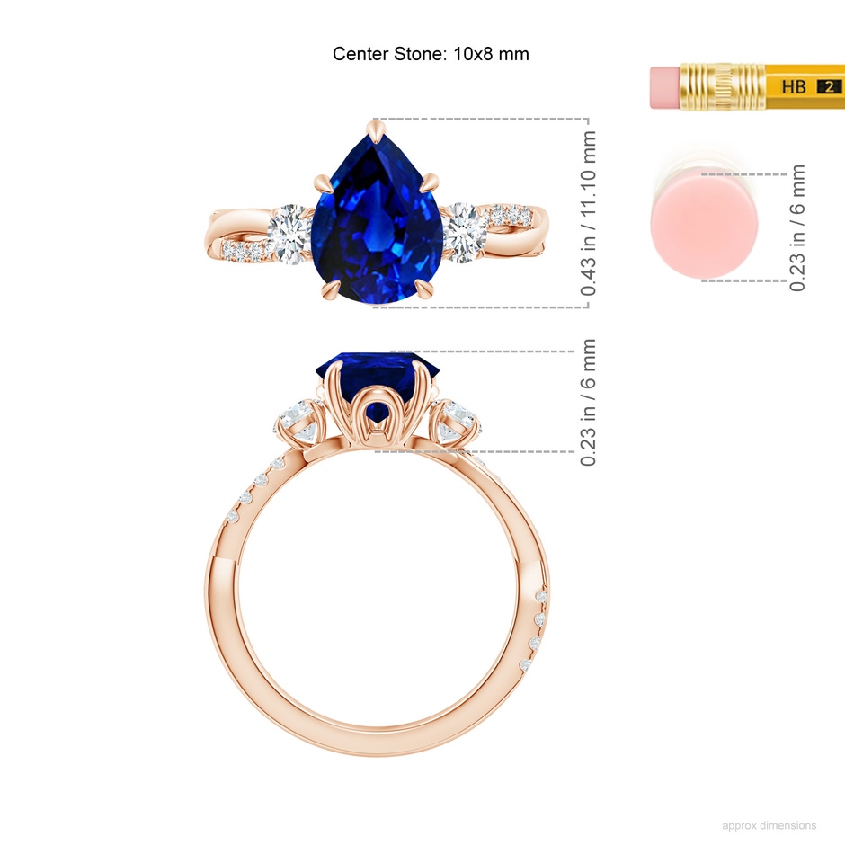 10x8mm Lab-Grown Three Stone Pear Blue Sapphire & Diamond Engagement Ring in Rose Gold ruler