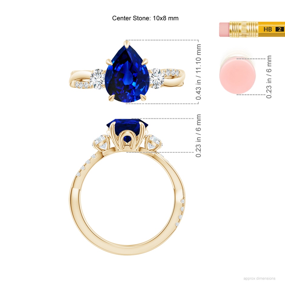 10x8mm Lab-Grown Three Stone Pear Blue Sapphire & Diamond Engagement Ring in Yellow Gold ruler