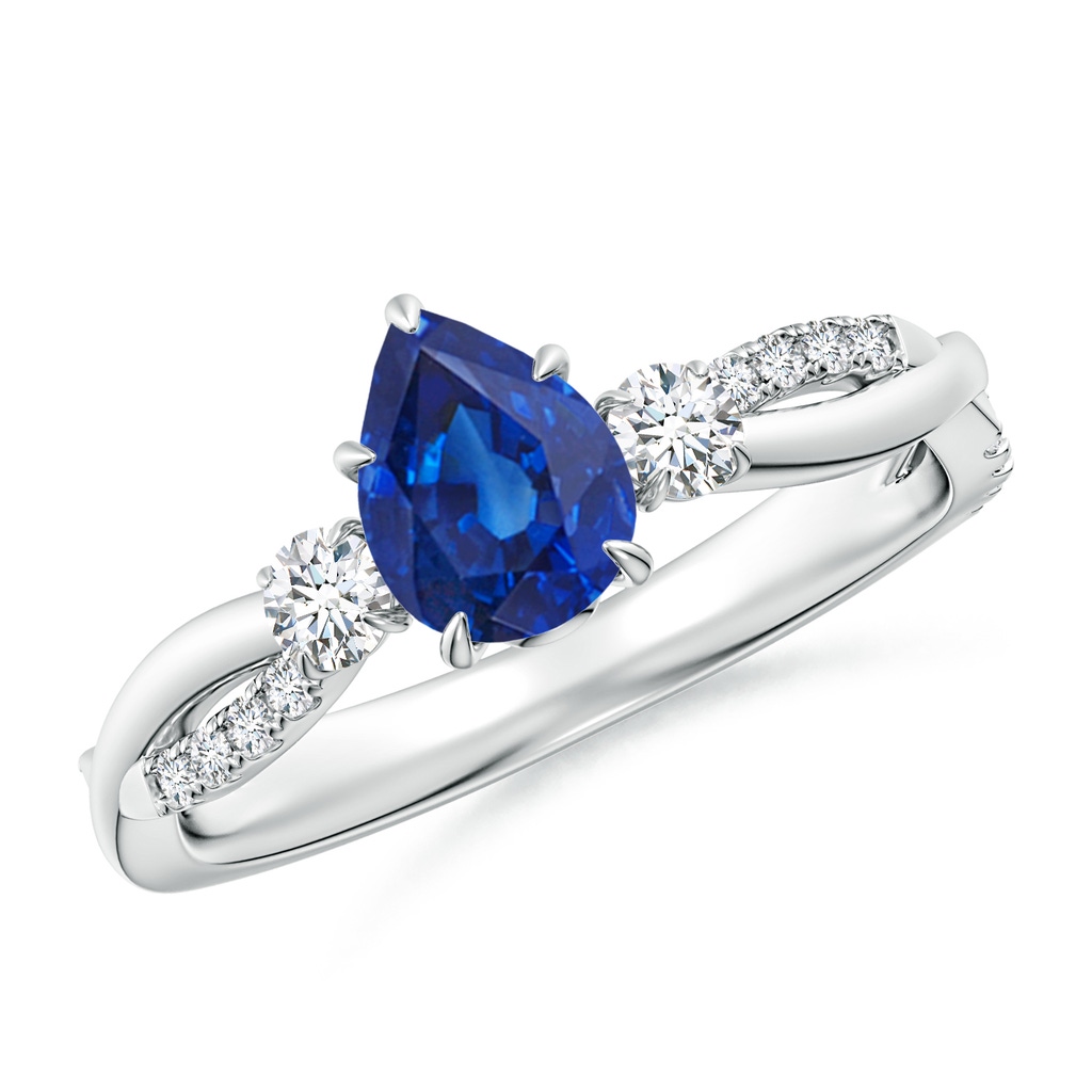 7x5mm AAA Three Stone Pear Blue Sapphire & Diamond Engagement Ring in 18K White Gold