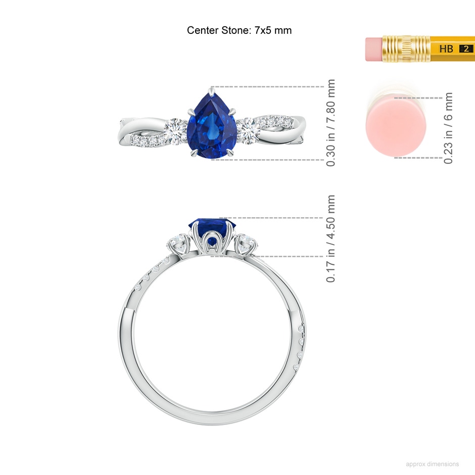 7x5mm AAA Three Stone Pear Blue Sapphire & Diamond Engagement Ring in 18K White Gold ruler