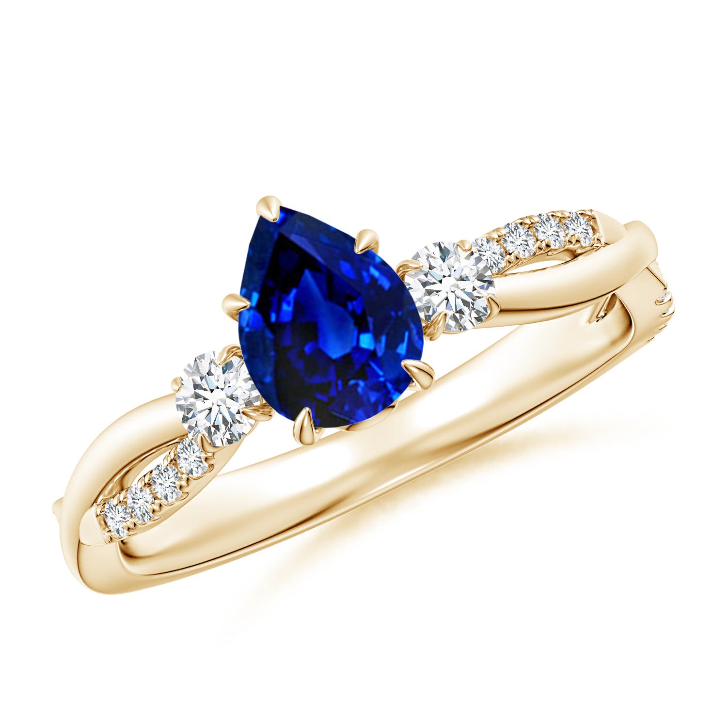 7x5mm AAAA Three Stone Pear Blue Sapphire & Diamond Engagement Ring in 18K Yellow Gold