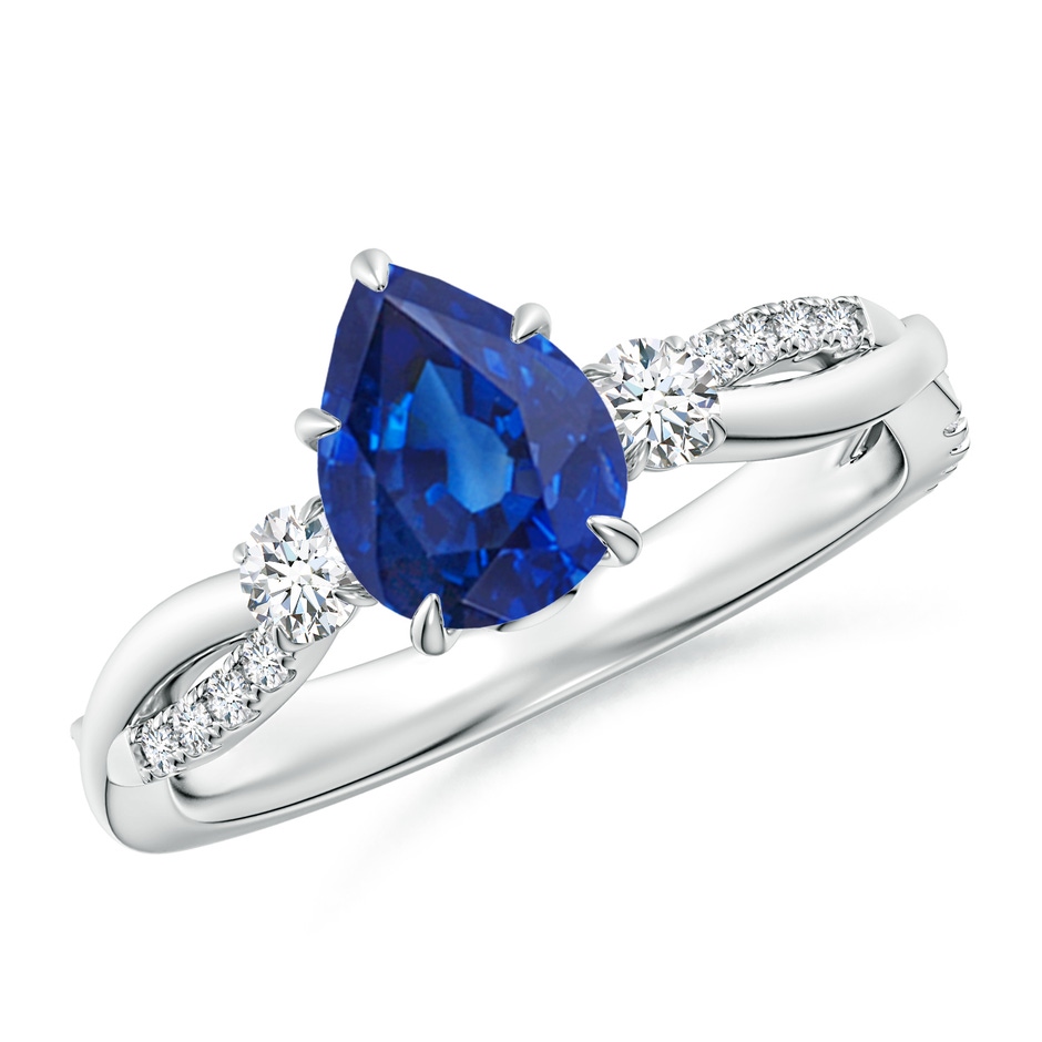 8x6mm AAA Three Stone Pear Blue Sapphire & Diamond Engagement Ring in White Gold 