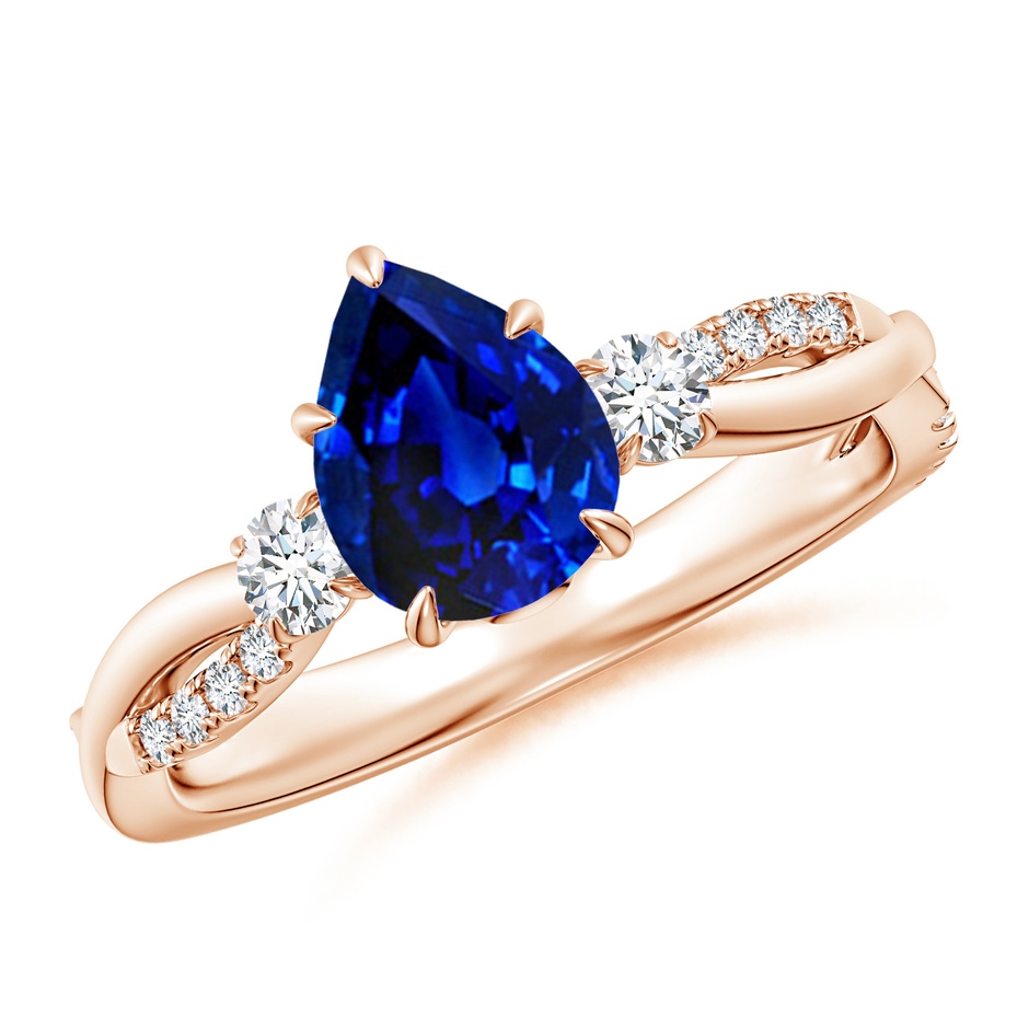 8x6mm AAAA Three Stone Pear Blue Sapphire & Diamond Engagement Ring in Rose Gold 