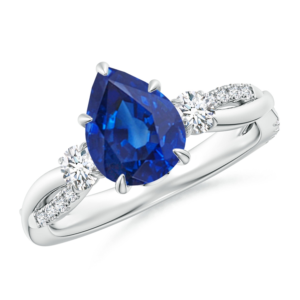 9x7mm AAA Three Stone Pear Blue Sapphire & Diamond Engagement Ring in White Gold