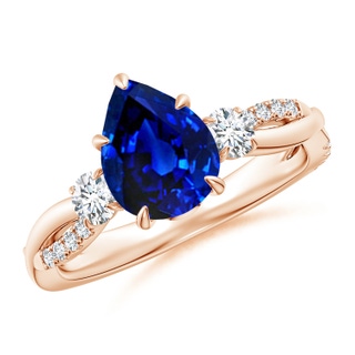 9x7mm AAAA Three Stone Pear Blue Sapphire & Diamond Engagement Ring in Rose Gold