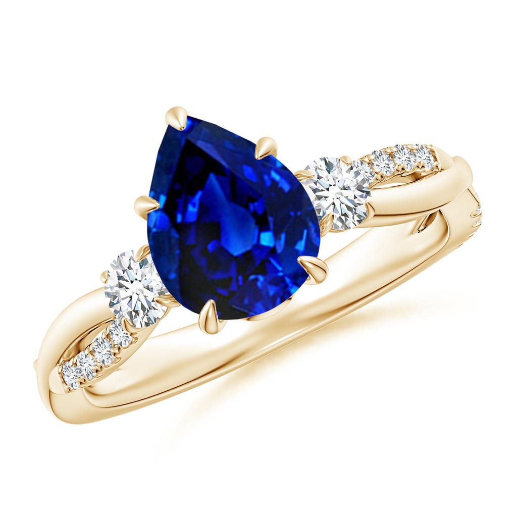 9x7mm Lab-Grown Three Stone Pear Blue Sapphire & Diamond Engagement Ring in Yellow Gold