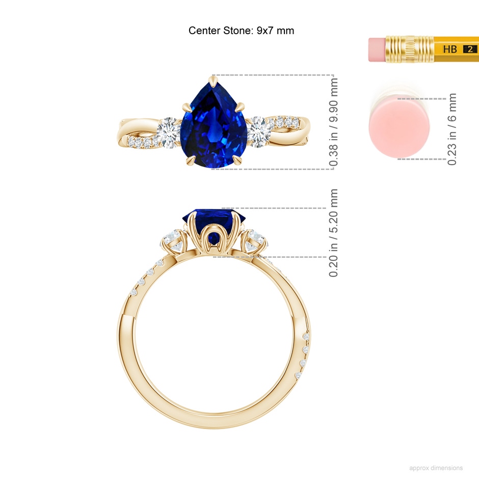 9x7mm Lab-Grown Three Stone Pear Blue Sapphire & Diamond Engagement Ring in Yellow Gold ruler