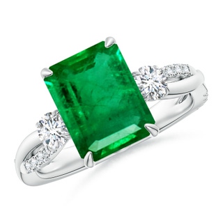 10x8mm AAA Three Stone Emerald-Cut Emerald & Round Diamond Engagement Ring in P950 Platinum