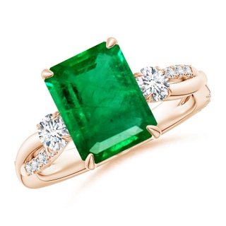 10x8mm AAA Three Stone Emerald-Cut Emerald & Round Diamond Engagement Ring in Rose Gold