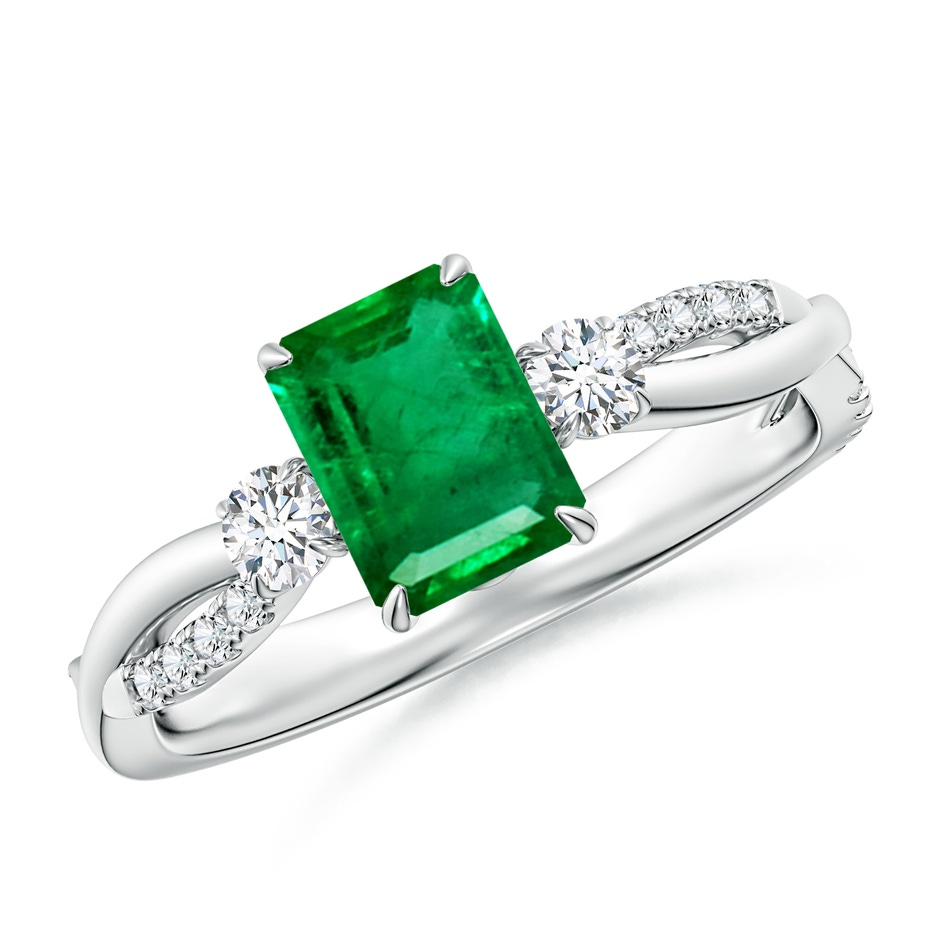 7x5mm AAA Three Stone Emerald-Cut Emerald & Round Diamond Engagement Ring in White Gold 