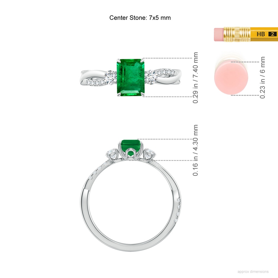 7x5mm AAA Three Stone Emerald-Cut Emerald & Round Diamond Engagement Ring in White Gold ruler