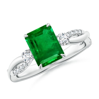 8x6mm AAAA Three Stone Emerald-Cut Emerald & Round Diamond Engagement Ring in P950 Platinum