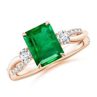 9x7mm AAA Three Stone Emerald-Cut Emerald & Round Diamond Engagement Ring in Rose Gold