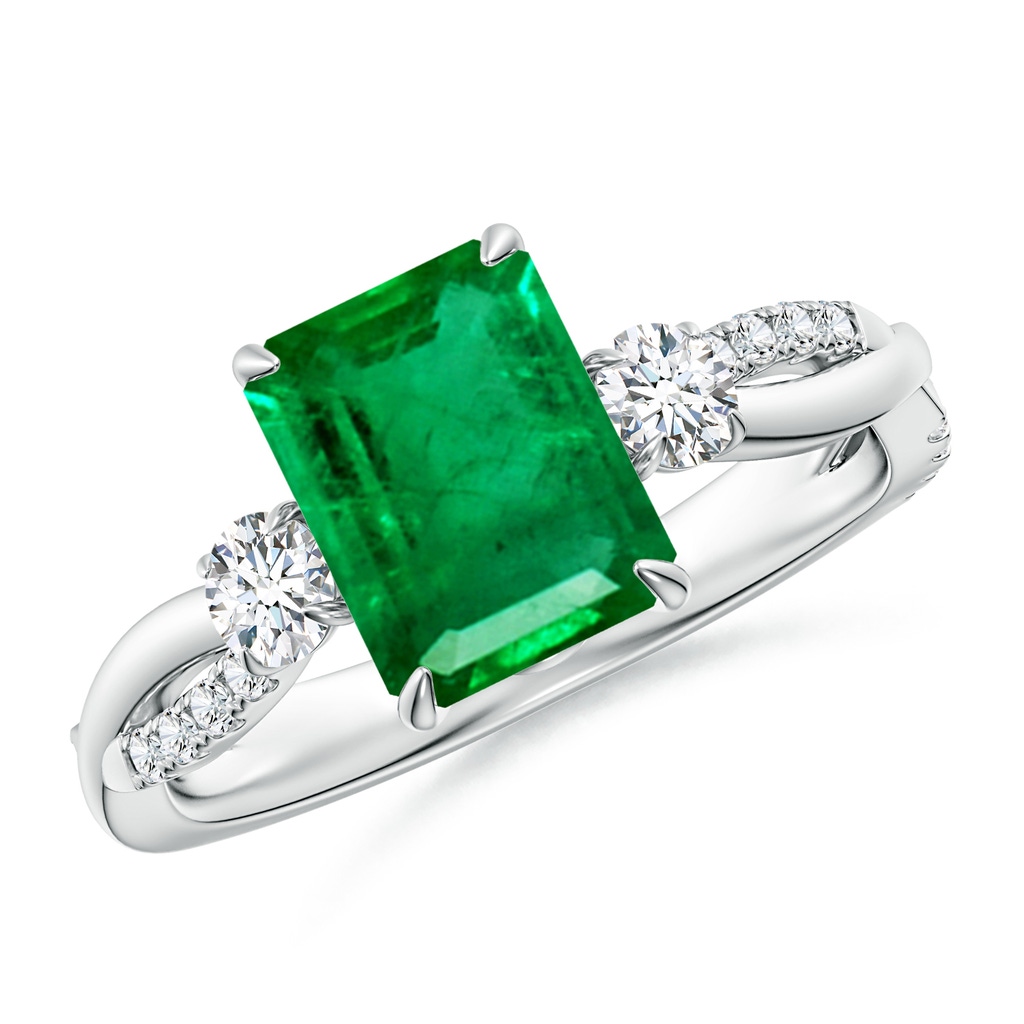 9x7mm AAA Three Stone Emerald-Cut Emerald & Round Diamond Engagement Ring in White Gold