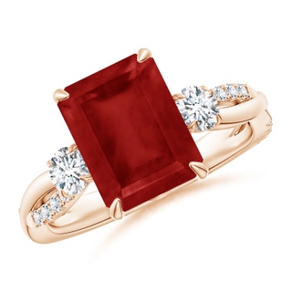 10x8mm AA Three Stone Emerald-Cut Ruby & Round Diamond Engagement Ring in 10K Rose Gold