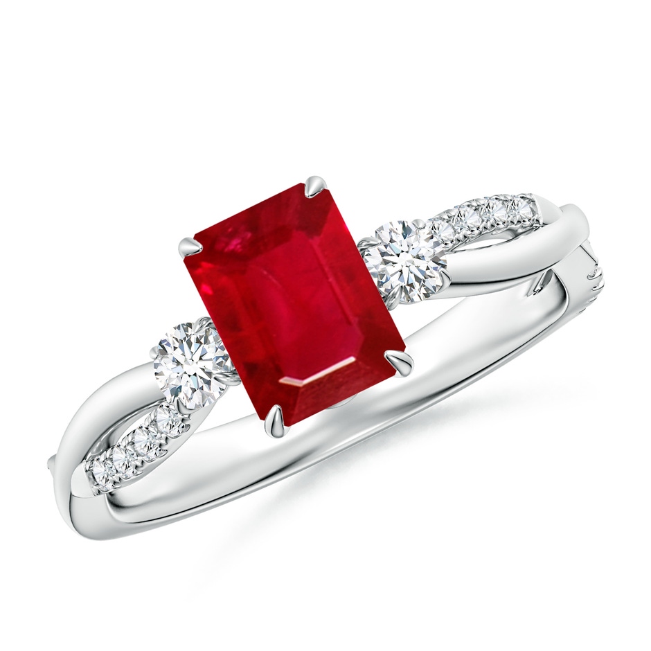 7x5mm AAA Three Stone Emerald-Cut Ruby & Round Diamond Engagement Ring in White Gold 