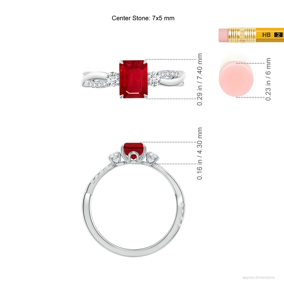 7x5mm AAA Three Stone Emerald-Cut Ruby & Round Diamond Engagement Ring in White Gold ruler